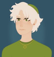 A headshot of a vampire character with medium skin and green eyes wearing a green tshirt and matching kippah with a gold star of david necklace