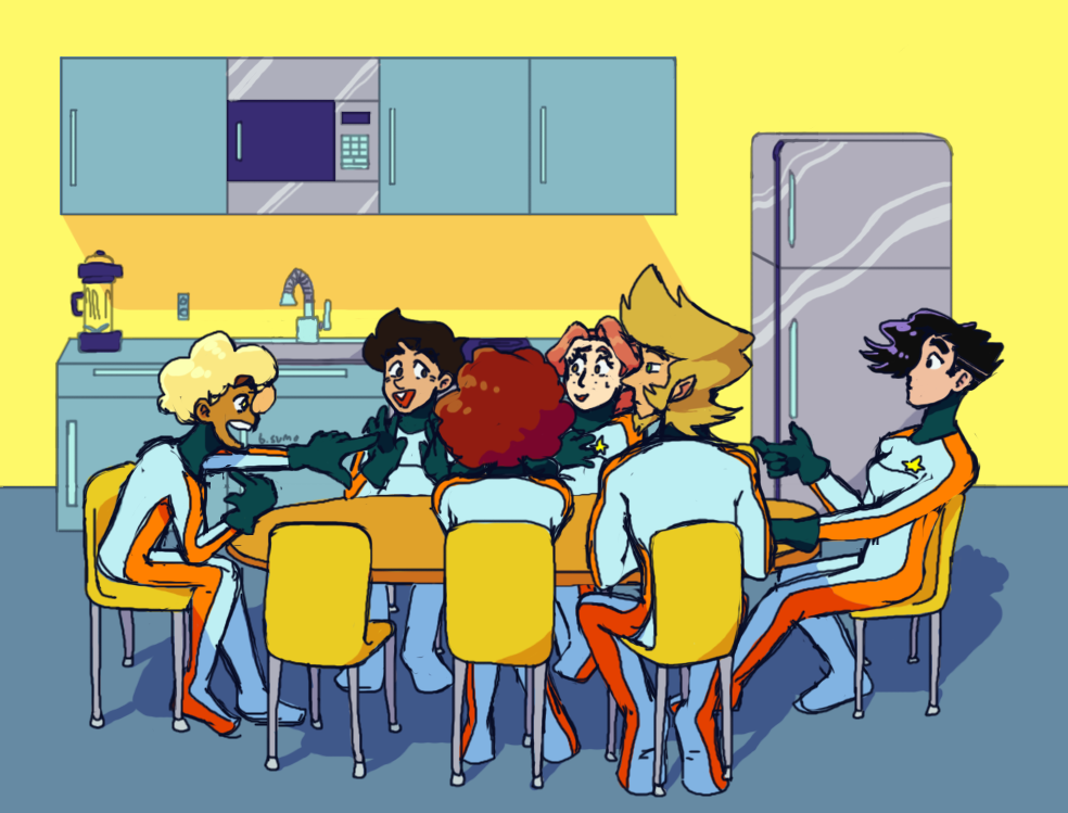 Emil, Leon, Roxie, Mia, Aiden, and Jun sitting at a rounded kitchen table. Emil points excitedly at Mia, while the others react in happiness or mild surprise.