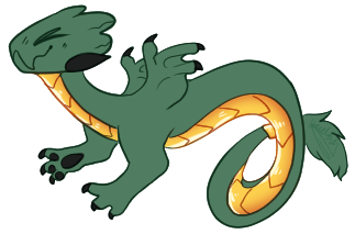 A green Fafnir with gold scales, floating and smiling with their eyes squished shut