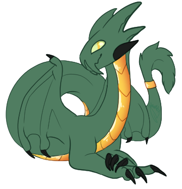 An adult Fafnir lying on their chest and elbows, Their tail forms an arc in the background and they smile at the camera