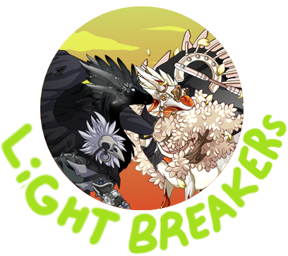 A large circle with two Wildclaw dragons inside of it. The one on the left has black scales with silver runes on her horns. The one on the right has white scales with orange opal patches on his face. The word 'Lightbreakers' is written at the bottom in green text.
