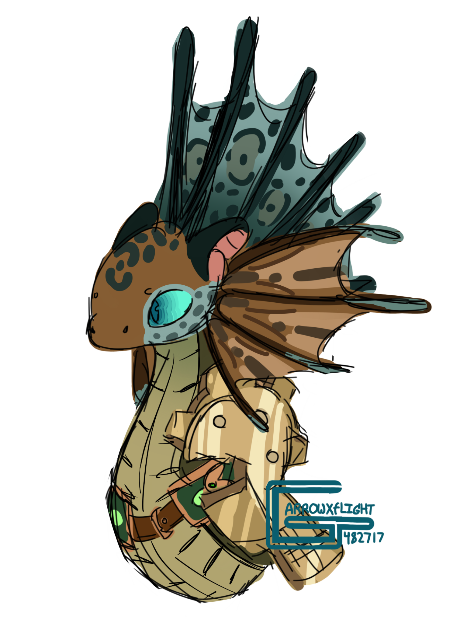 a colored sketch of a brown and blue fae dragon with leopard print markings. it shows his head and neck, and the top of a golden wrench at his side. in the bottom right corner is the artist, arrowxflight's, watermark.
