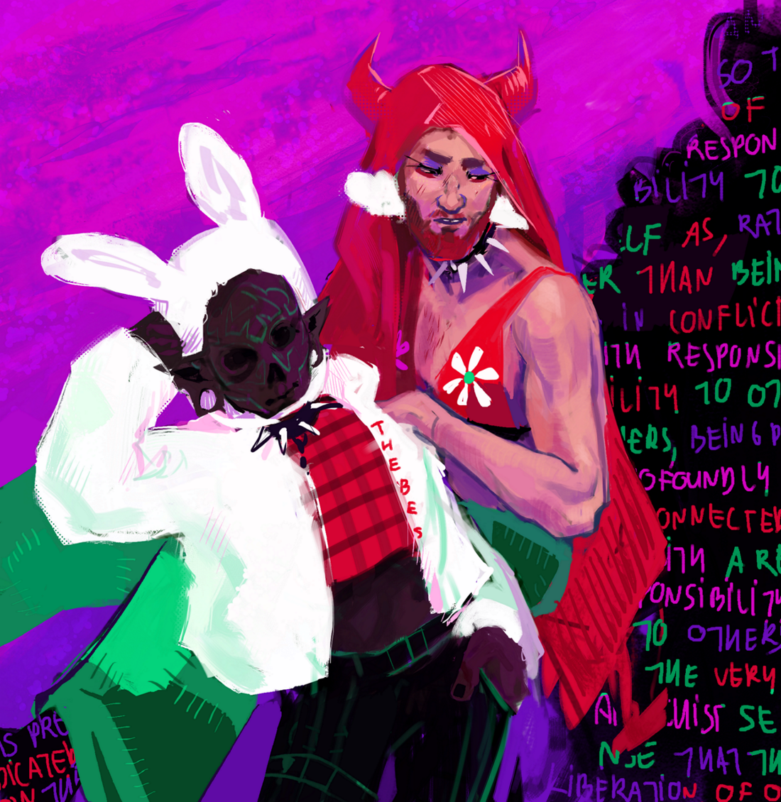 a light-skinned character in a devil hoodie and a dark skeleton character in a bunny hoodie