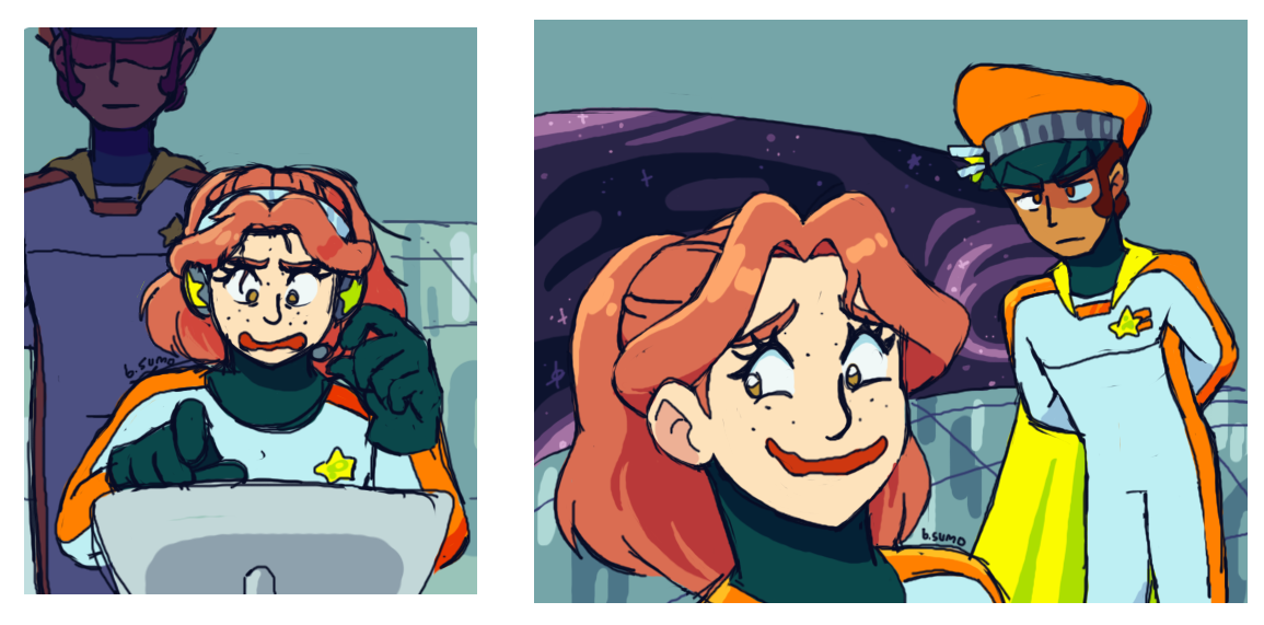 Image 1: The captain standing behind an unaware Mia. Image 2: Mia nervously trying to explain herself to the captain.