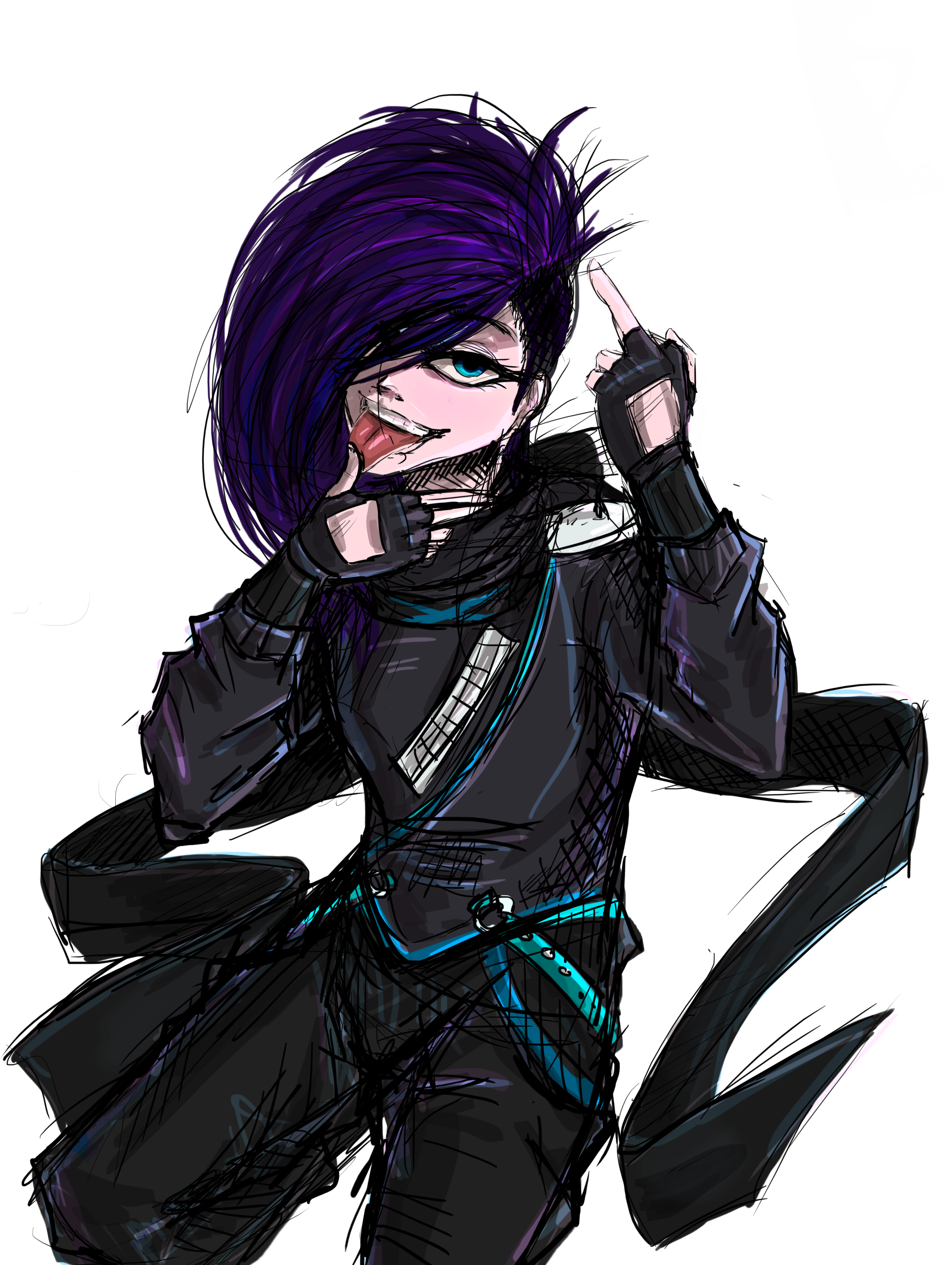 A pale-skinned guy with a purple deathhawk and black clothing, mockincgly licking the thumb of one hand and giving the finger with another