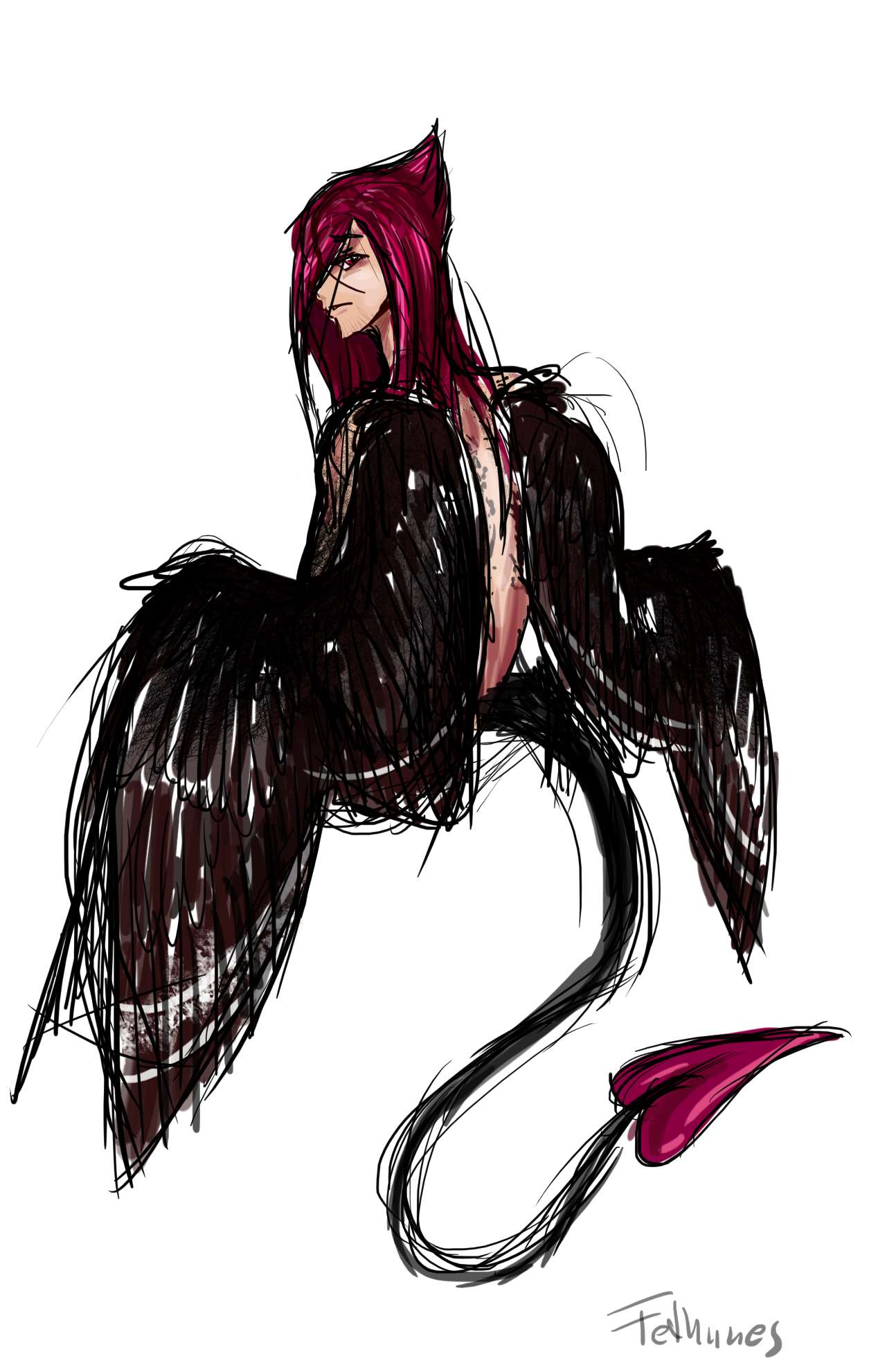 Magenta haired demon-angel character looking back at the viewer