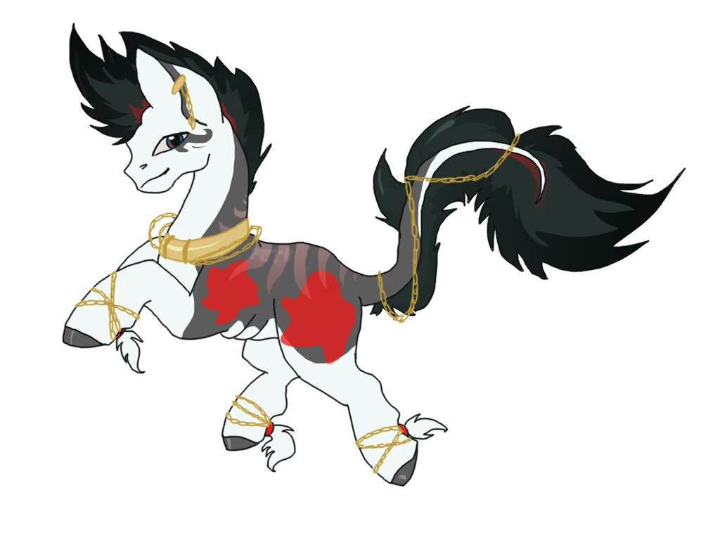 A black and white pony sporting a black mohawk and gold chains
