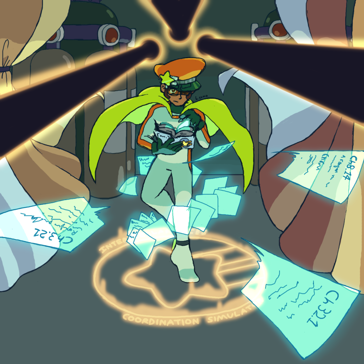 Captain Galhardo flipping through his handbook, surrounded by the pages and dark lasers. The fabrics surround him on either side. Behind him is a wall with tanks. Underneath him is a glowing logo of the Interstellar Forces Coordination Simulator.