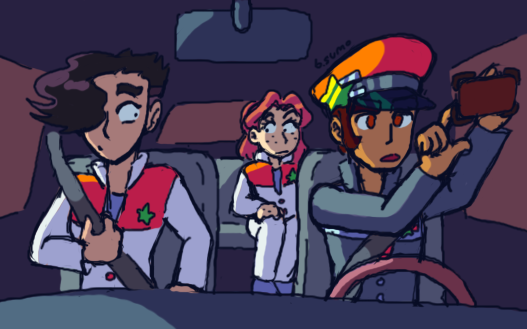 Image: Jun and Mia staring surprised at each other as the captain says something. He also installs a GPS into the truck.