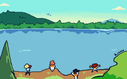 Image: A far away view of a lake. Emil, Mia, Jun, and Roxie can be seen standing at the shore.