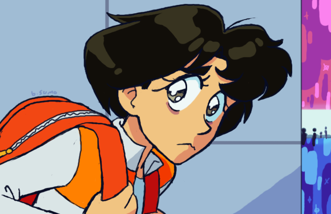 Image: Image: A boy in uniform staring at the viewer mid-walk. His hair is unkempt and he has dark circles under his eyes.