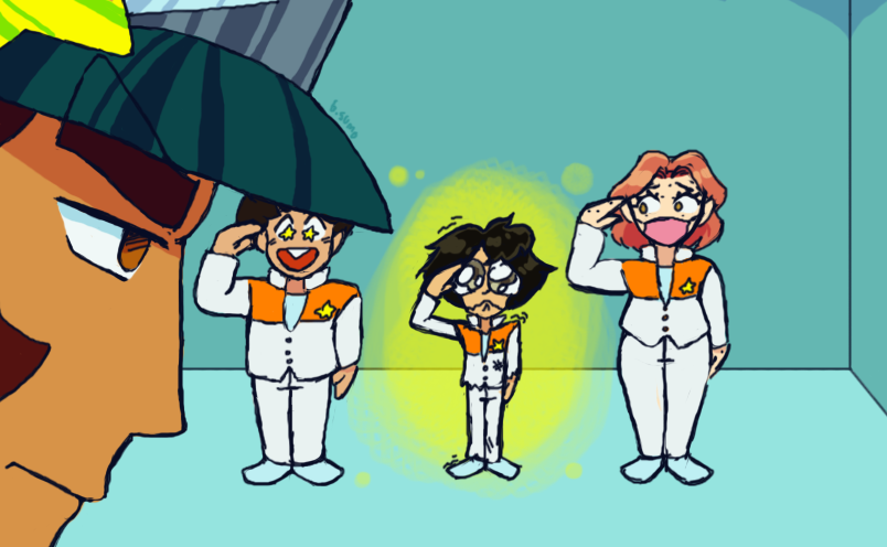 Image: Leon, Angelo, and Mia saluting in line. Leon is excited, with starry eyes, and Mia looks worriedly at Angelo, who is shaking, on the verge of tears, and has a tattered, messy appearance. The captain stares at him, unimpressed.
