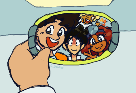 Image: Leon taking a selfie with Angelo, Roxie, and Emil. Roxie is doing a double peace sign. Emil floats in the background winking and holding a thumbs-up. Everyone is smiling, but Angelo's is uneasy.