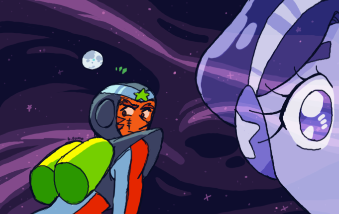 Image: Aiden in his jet armor, flying through space toward the three targets near the moon. There is also a semi-transparent image of one side of Angelo's face, focusing on his eye.