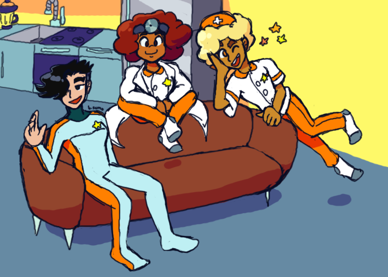 Image: Jun sitting on the kitchen couch, Roxie sitting crisscross above it, and Emil leaning on the armrest winking. All three are looking at the viewer.