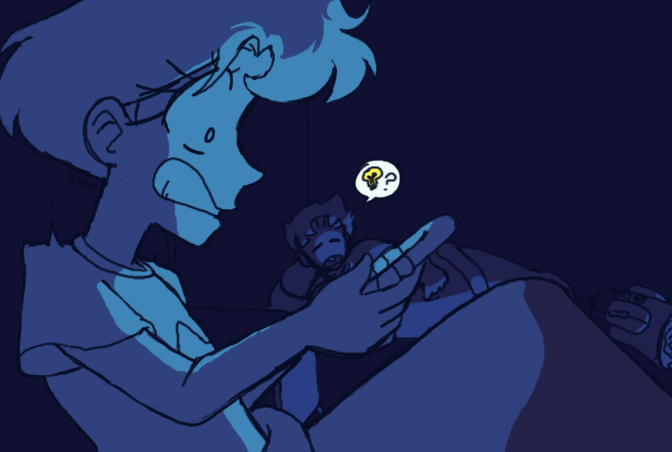 Image: Angelo in the top bunk surprising himself with the light from Leon's phone. Leon lifts his head up from his bed, asking about the light.