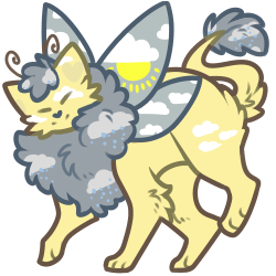 A yellow and grey cat with wing
