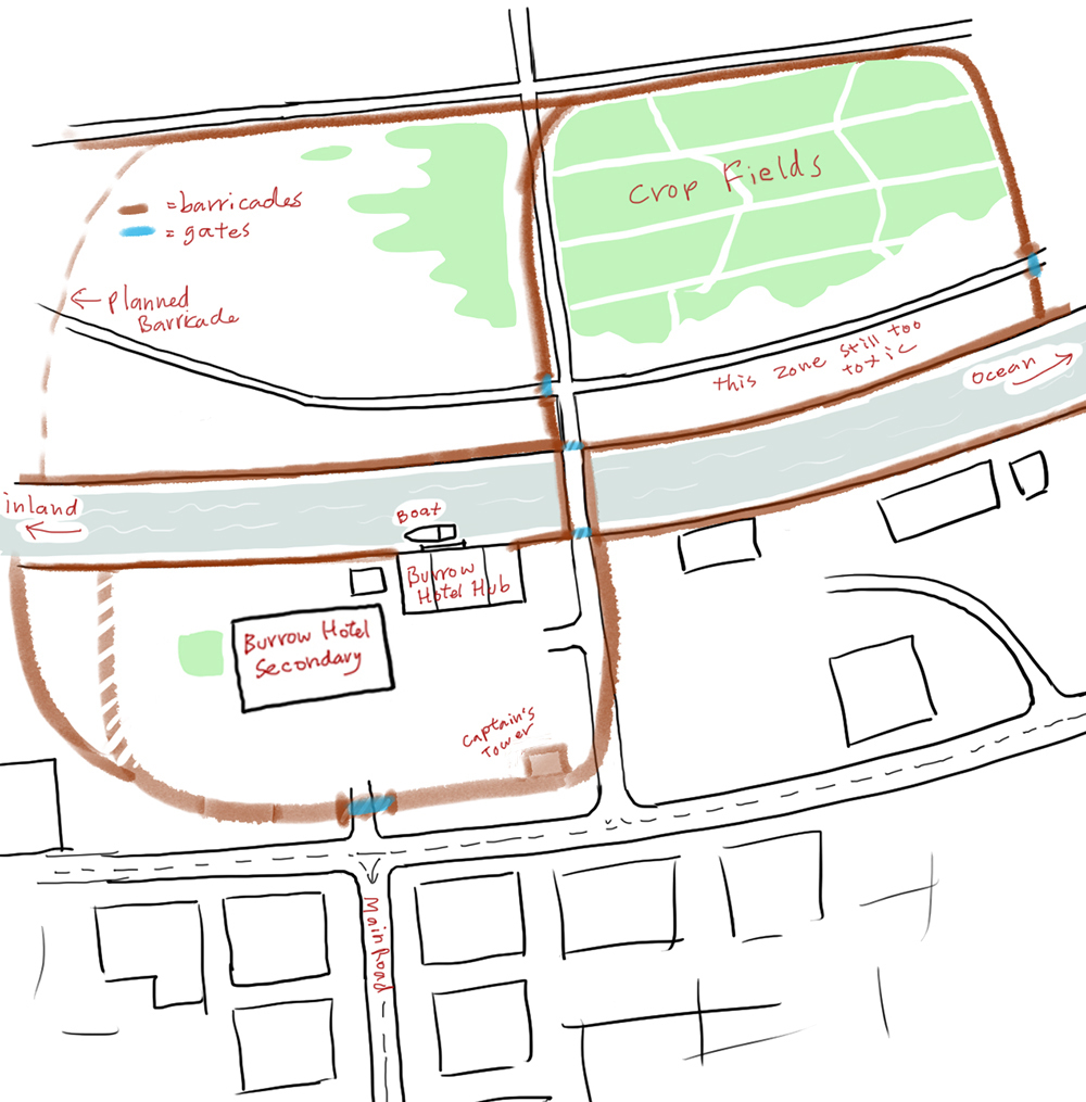 a simple map of the Burrow, showing the hotel on the canal, the captain's tower, and a patch of crops across the canal bridge. all the locations are surrounded by barricades.