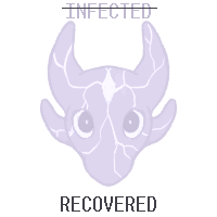 An image of a light gray dragon head with a series of cracks in it. The word 'Infected' is crossed out at the top with the word 'Recovered' written at the bottom