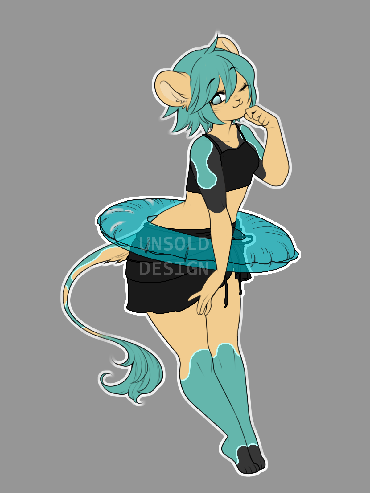 A female anthro lion. She is mostly tan, with simple pattern on her shoulders, tail, and from the knees down. She has short spiky hair that is turquoise. She is wearing a black two piece swimsuit and has a transparent blue innertube around her waist.