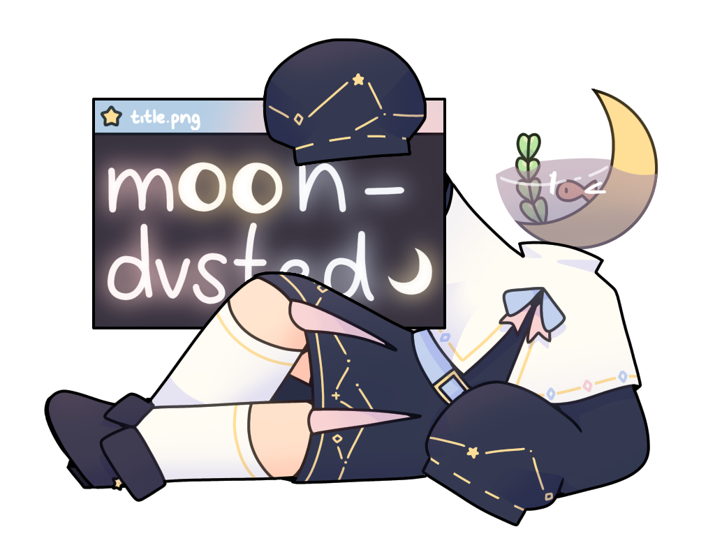 starlet leaning on their side, holding a computer window with the word "moondvsted" in glowing text