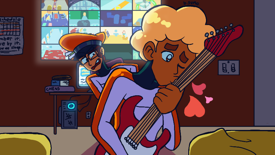 Image: Emil kissing his guitar, with hearts coming out of it. Lorenzo is sitting at the desk behind him, looking disgusted. Behind Lorenzo is a camera 4x4 panel of all of the rooms on the ship.