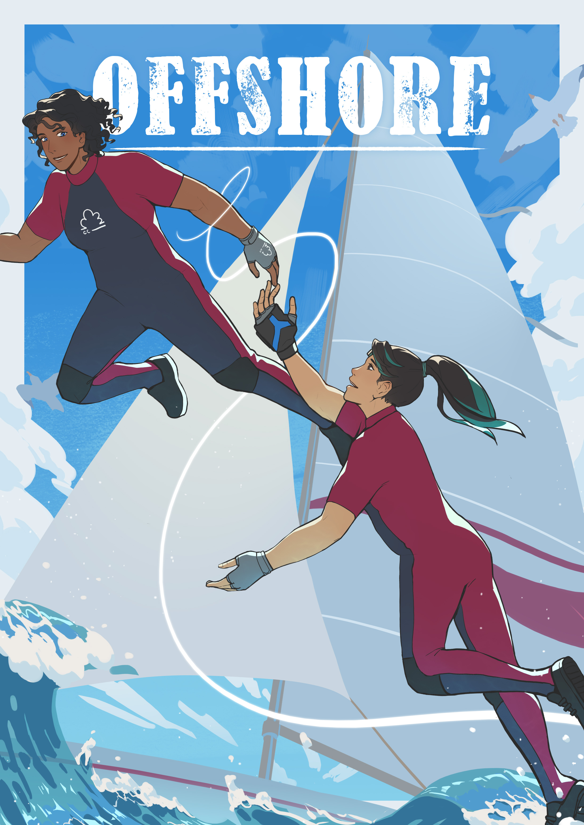 A cover image for Offshore, featuring two characters floating in the air towards the top left of the image, over ocean waves and seafoam. A race yacht's sail rises in the background.