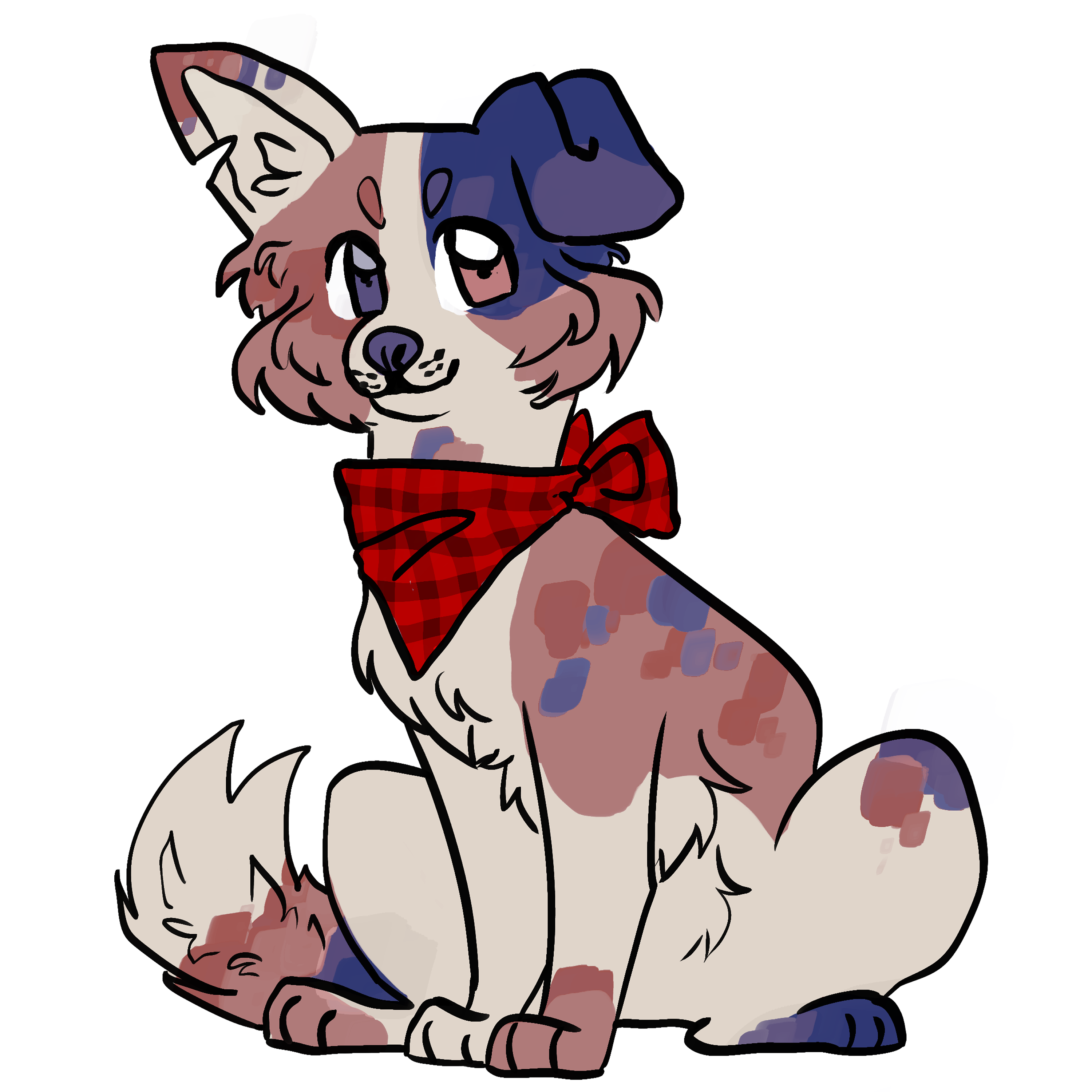 a drawing of a cartoon dog with blue and brown markings sitting down and looking at the viewer.