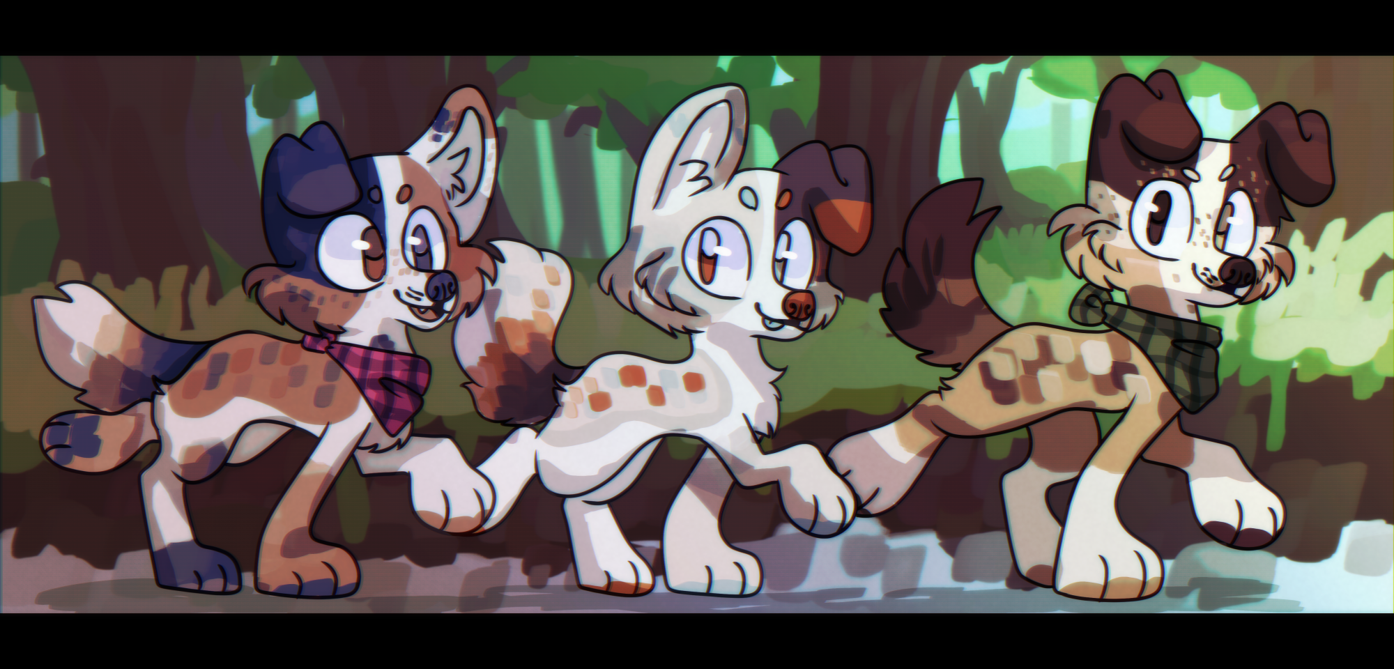 a drawing of 3 cartoon dogs of various colors walking through a forest. There is a heavy vhs / tv overlay on the image.