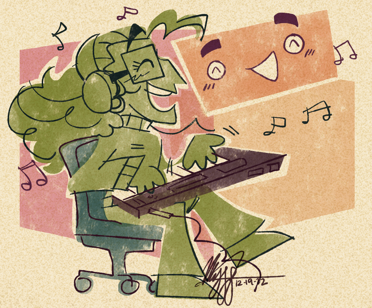 daisy and mark in a retro style artwork with simplistic colors. daisy is sitting down and playing the piano while singing with mark.