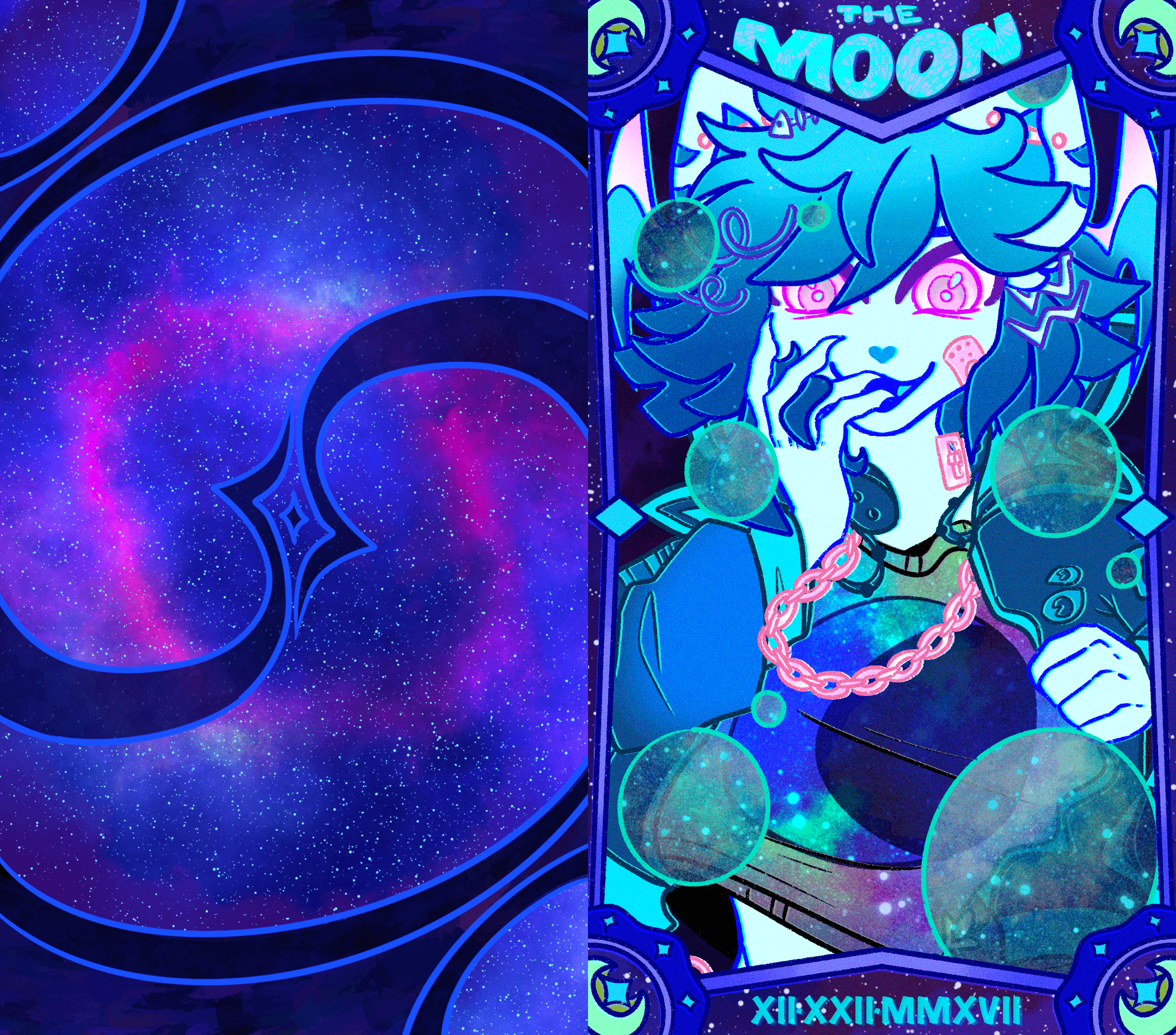 The Moon tarot card drawn by Litchikitti of Cyanide's fursona, Blue. They are blue cat anthro with some fish traits. Their eyes are a striking pink, as are a chain necklace they wear, the metal of their unclipped collar, the bandaid on the lower left of their face, and their bar ear piercings. They are wearing a moon shirt and a jacket, both of which are lifted upward by unseen wind. Moon bubbles float in front of them. They are holding their right hand up to their face, and their expression is whimsical and happy. There is a date at the bottom in roman numerals, 12/23/2017. On the left side there is a dark spiral over a blue galaxy that represents the back of the tarot card.