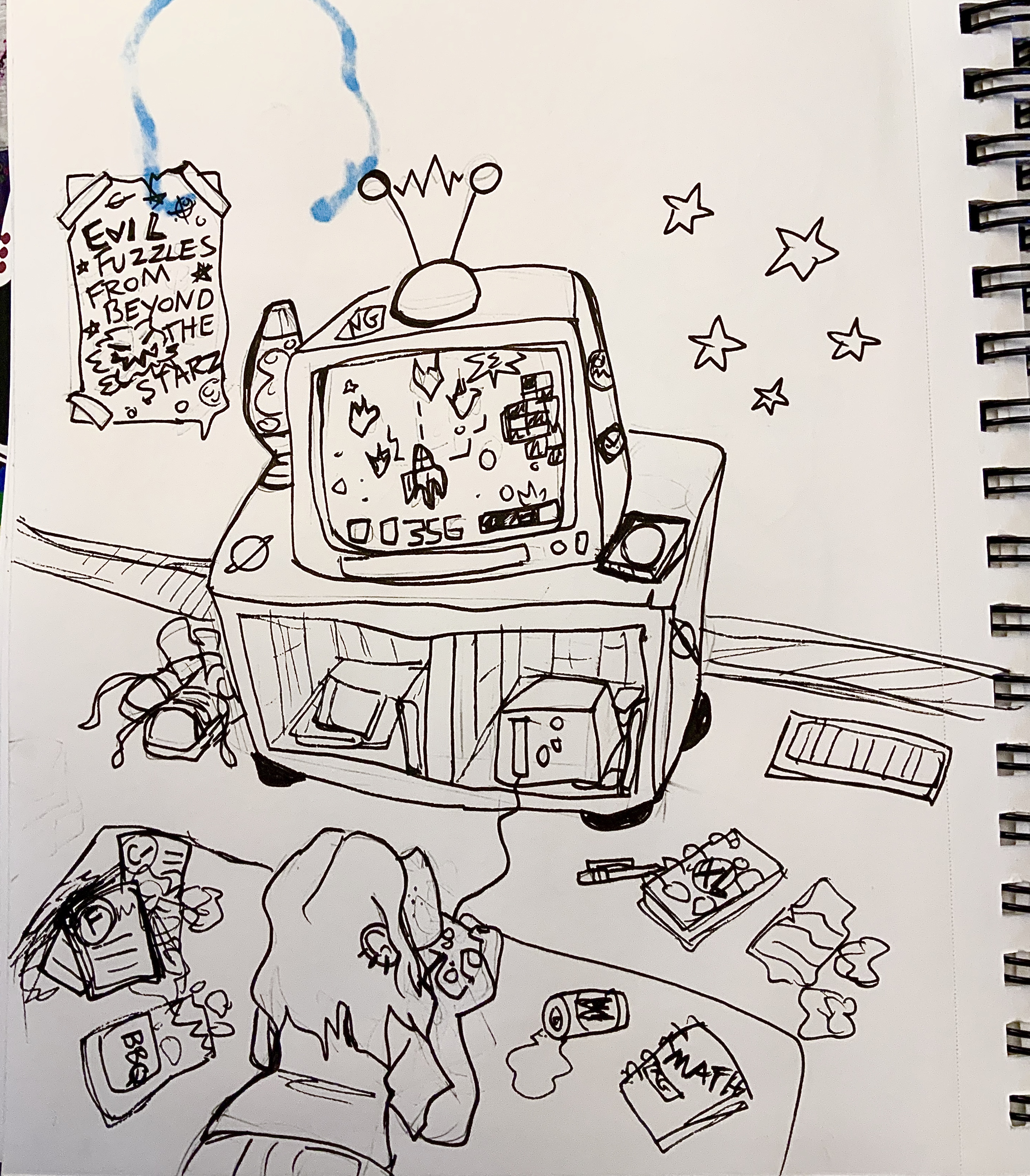 Pen drawing of Kelly playing video games in her room, from my sketchbook