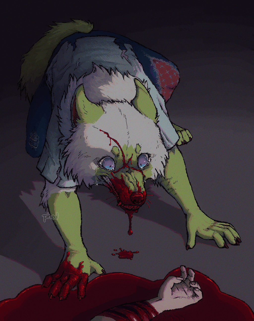 a drawing of Rozkurwiacz crouching beside a pool of blood. they have blood on their muzzle and right hand, and a bleeding cut across their face. they’re terrified and upset. the only visible part of the victim’s body is their left arm, which has extremely deep claw wounds.