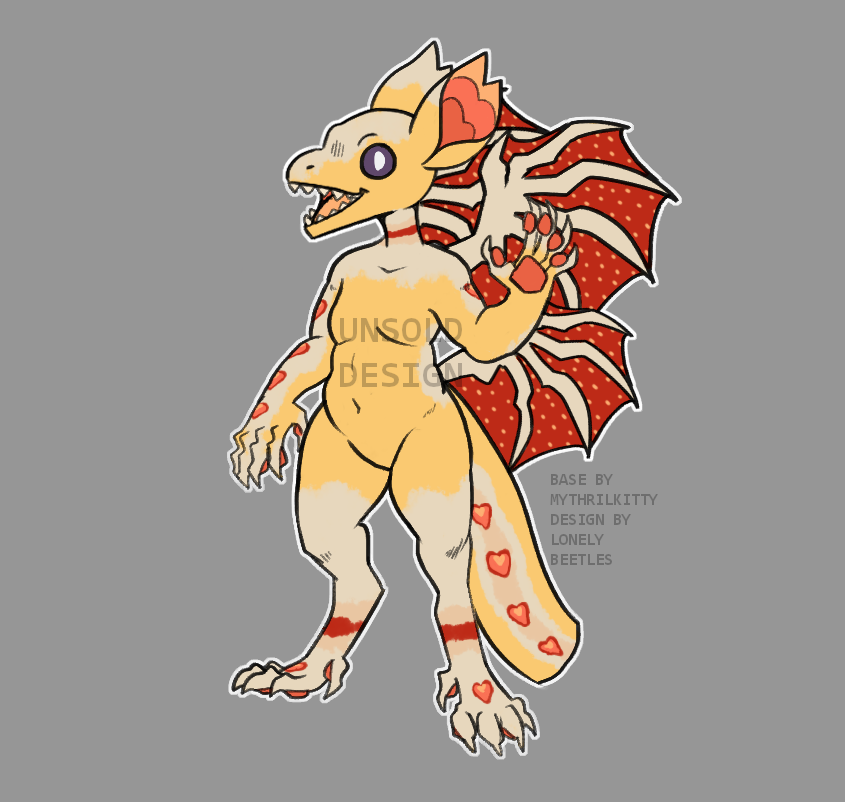An anthro dragon. They are themed around a strawberry shortcake. They have four unfeathered wings, large bat-like ears, and a semi-amputated tail.