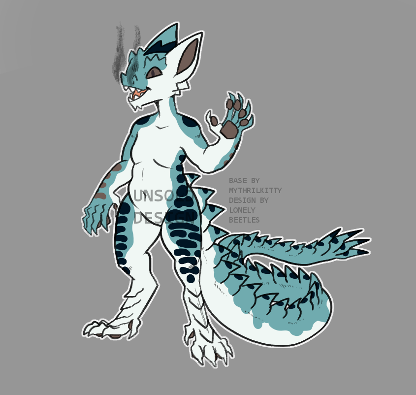 An anthro dragon. They are mostly sky blue and white. They have large cat-like ears, and spikes above their eyes, down their back. Their tail is long with ridges and spikes.