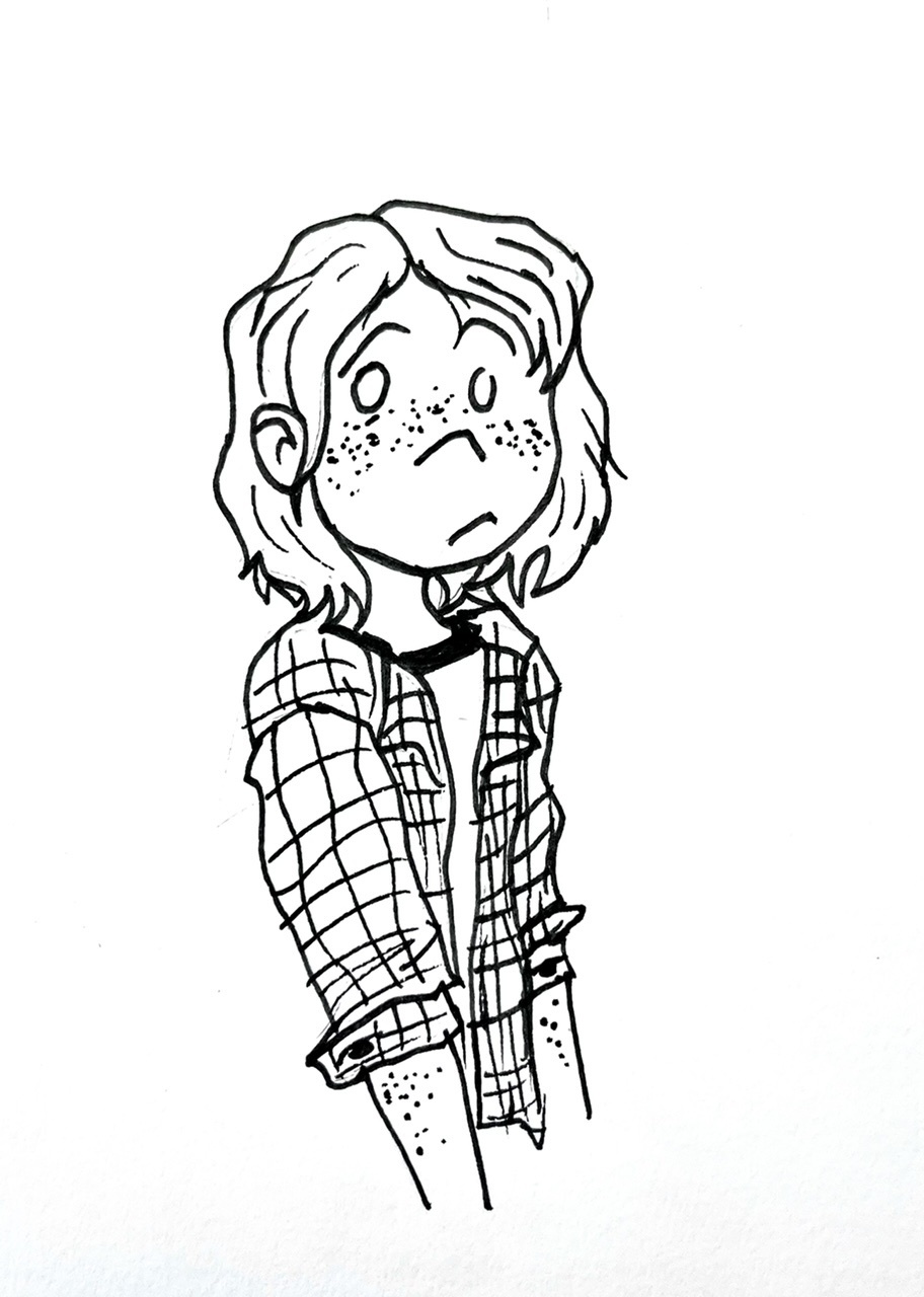Pen drawing of Kelly in my sketchbook, wearing a flannel shirt