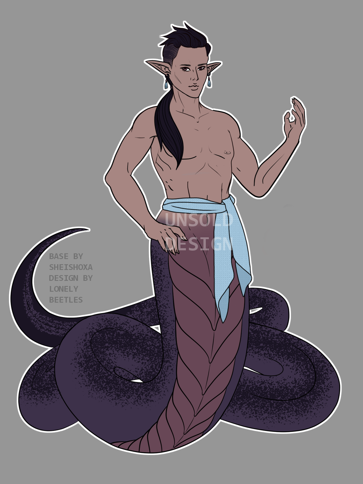 A male Naga with purple tail and blue sash around his waist. He has shaved sides on his head, but his hair is long enough to go into a ponytail.