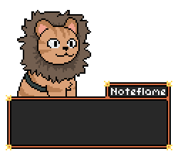 An animated RPG-style text box of Noteflame saying "Hello! Welcome to the Lionstone Inn!"