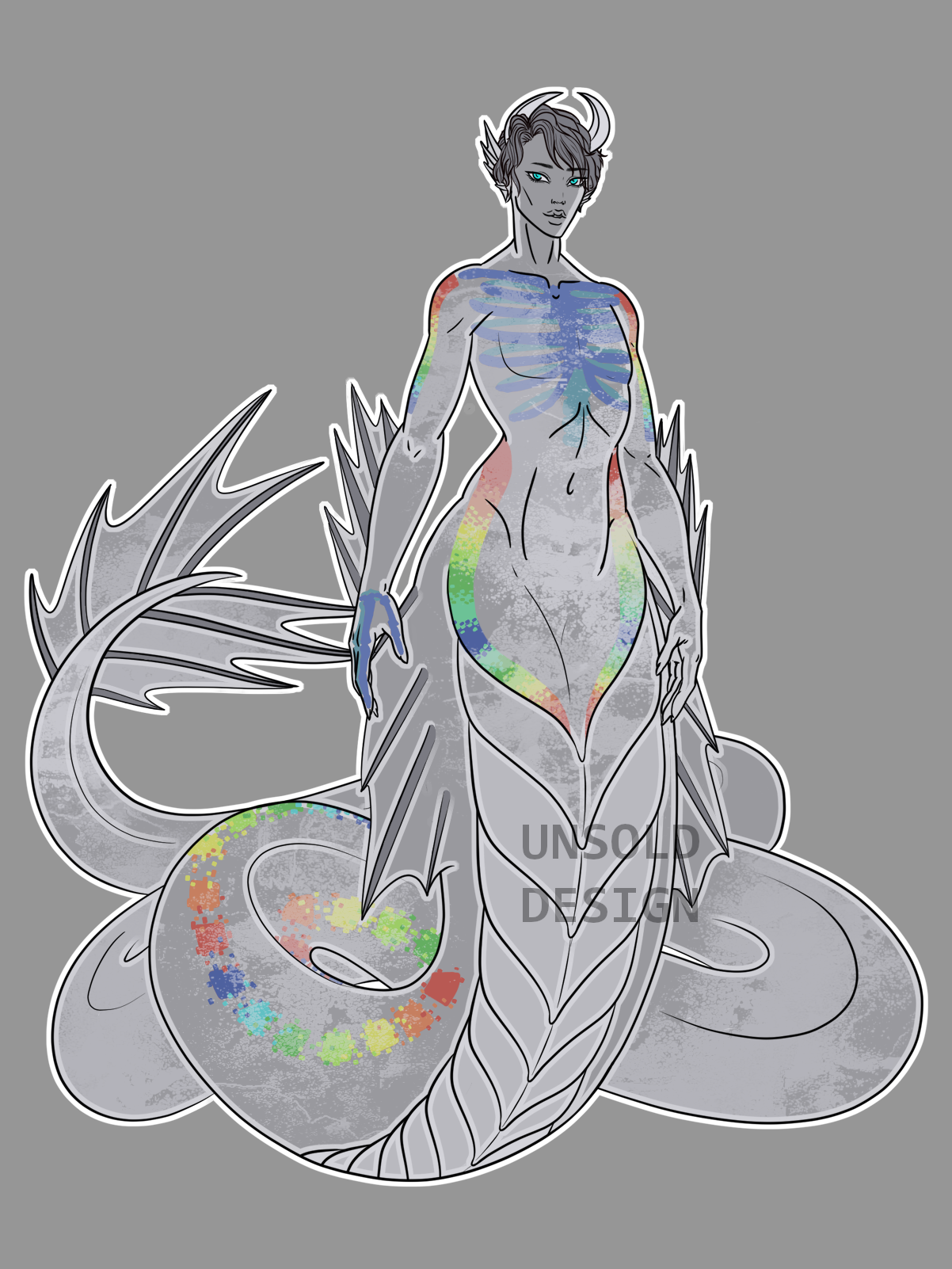 A gender ambigious half-human half snake person. They have fins on their arms, ears, and end of their tale as they are aquatic. They are semi-transparent and have colorful rainbow scales similar to a jelly comb.