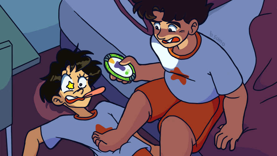 Image: Leon looking down from his bed confused at Angelo, who is coughing on the floor. He shines a phone in Angelo's face, and his heel is dug into Angelo's stomach.