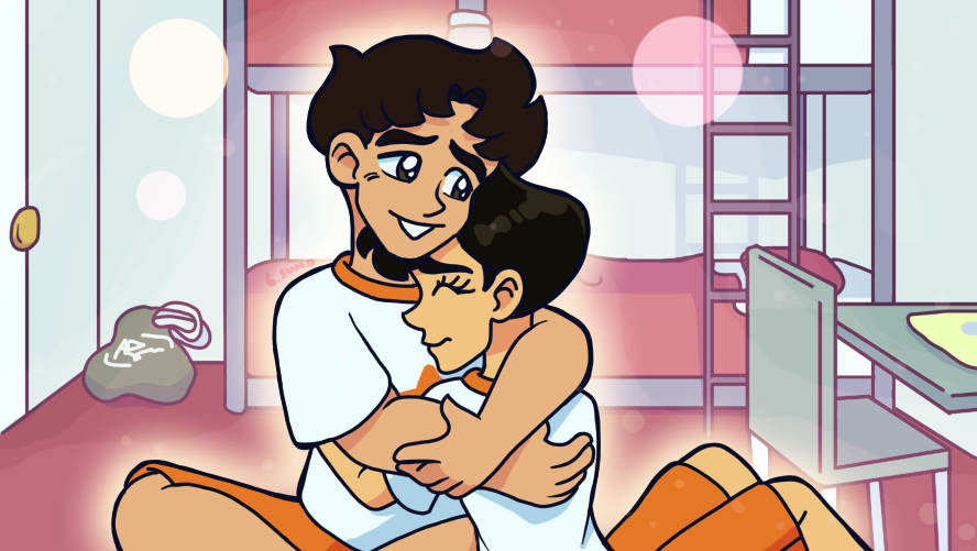 Image: Leon and Angelo hugging while sitting on Leon's bed in their room.