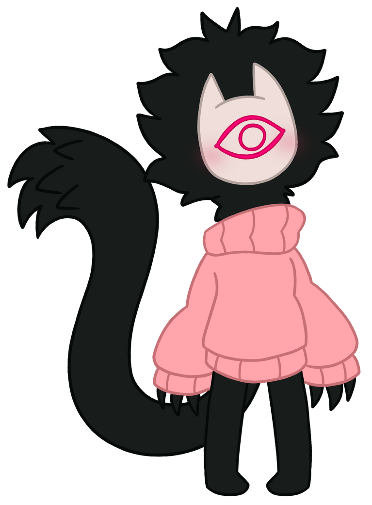 An odd long black creature sporting a pink sweater and cat-shaped mask with a glad expression.