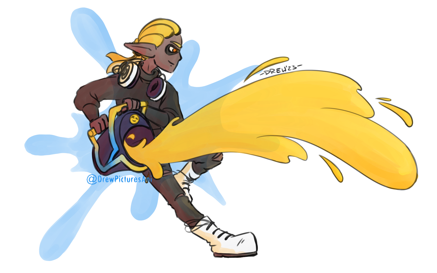 A drawing of an inkling throwing yellow ink out of a slosher, drawn with a soft brush.