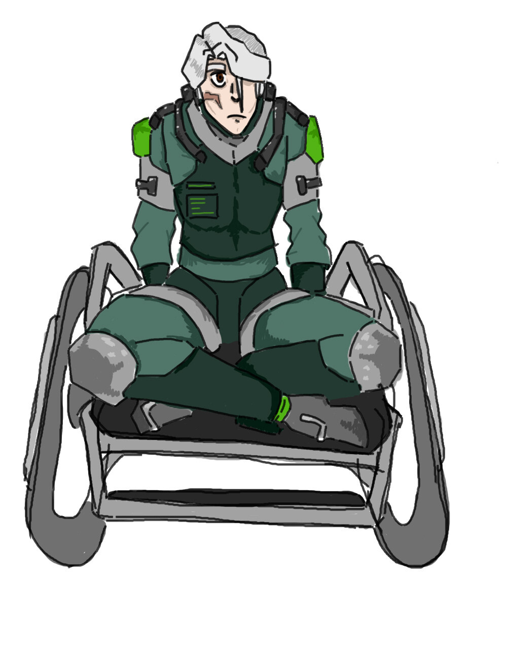 Sylvie, an androgynous mech pilot, scowls at the viewer. They are sat cross-legged in a manual wheelchair, and are wearing a green hardsuit.