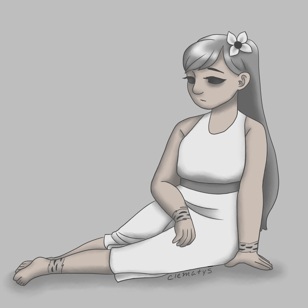 Grey, sitting on the ground with her legs in front of her, looking sad.