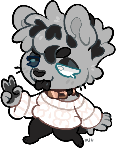 A digital drawing of Ens; a alien that resembles a anthropomorphic hyena with solid black and white color block markings and diamond scar-like markings on their neck, wrists, and ankles. In this image they are drawn with chibi proportions wearing a cream cable knit sweater and black leggings, they are playfully sticking out their tongue and making the peace sign with their right hand.