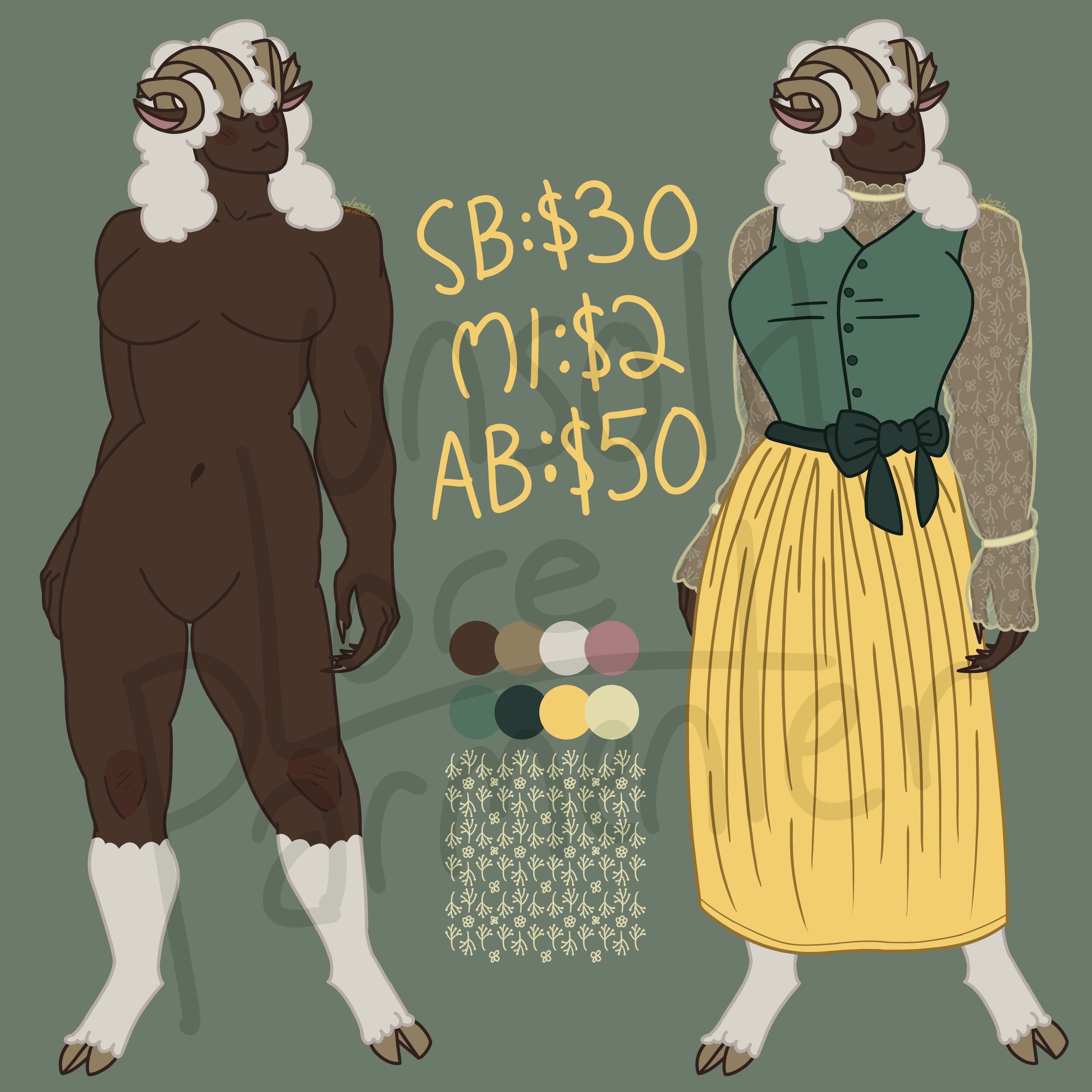 The adopt mentioned above. She is a person of color with fluffy white hair and tan horns. Her lower legs are sheep legs. She is wearing a green dress with a yellow skirt and a sheer ivory undershirt.