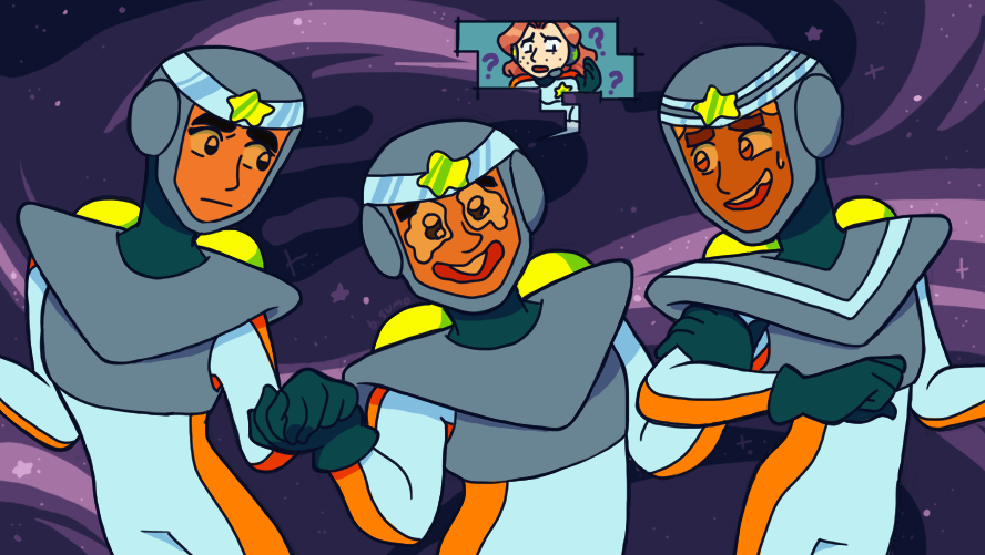 Image: Jun and Emil helping a teary-eyed Leon through space. Leon is smiling, Emil looks sheepish, and Jun looks concerned. There is a speech bubble near Leon's helmet with a concerned Mia inside.