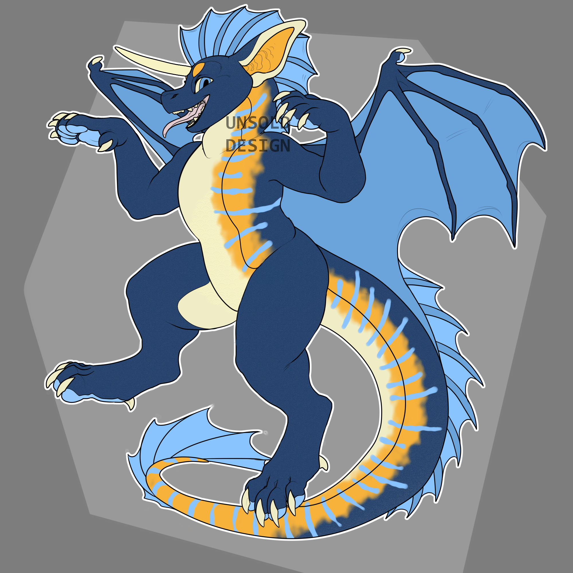 An anthro dragon that is designed off a striped marlin. They are blue with yellow sides. They have webbed wings and a spined fin running down from their head to their tail.