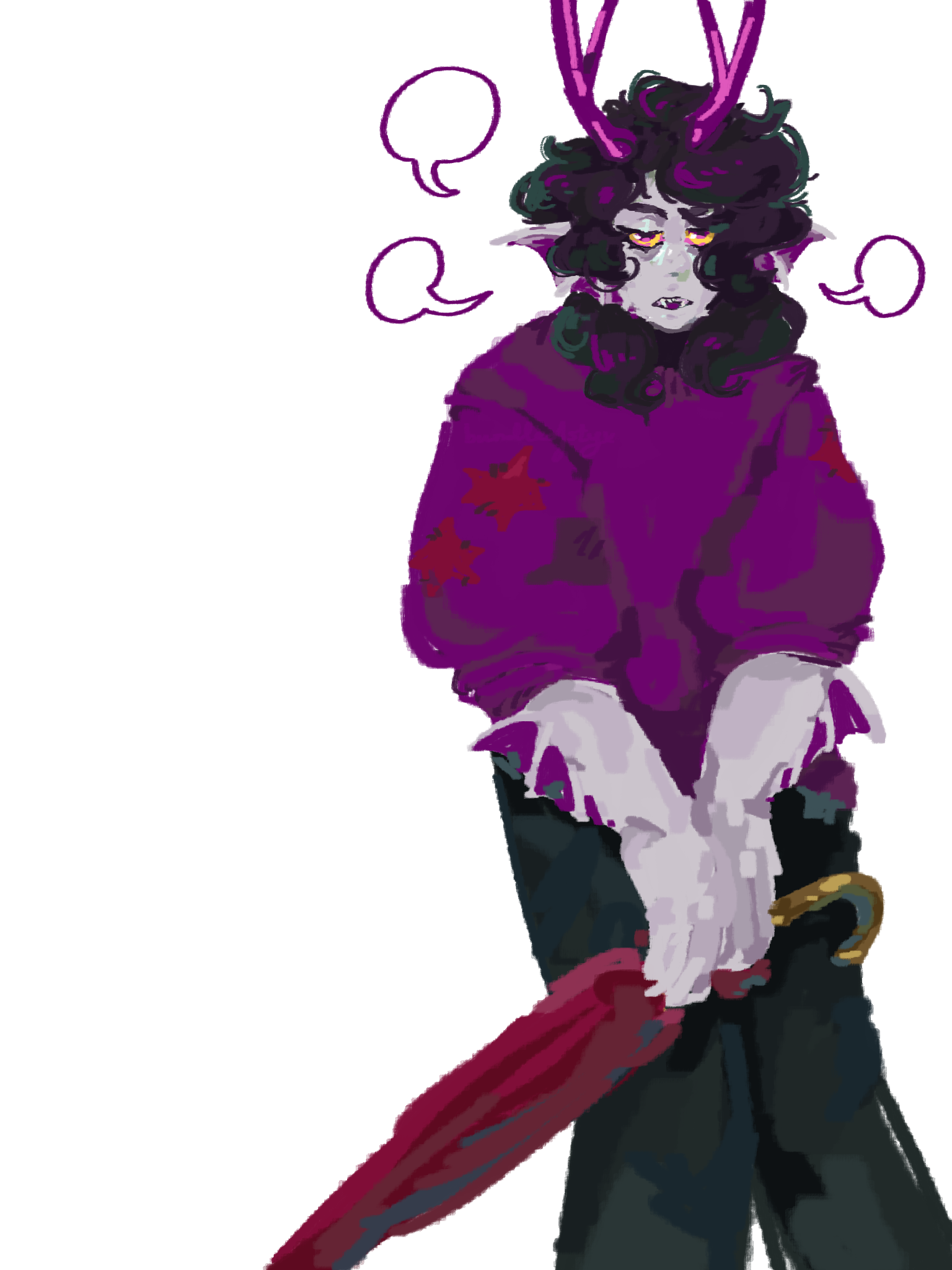 Phirom Vaarin standing looking annoyed. He's wearing a purple jumper, and is surrounded by empty speech bubbles.